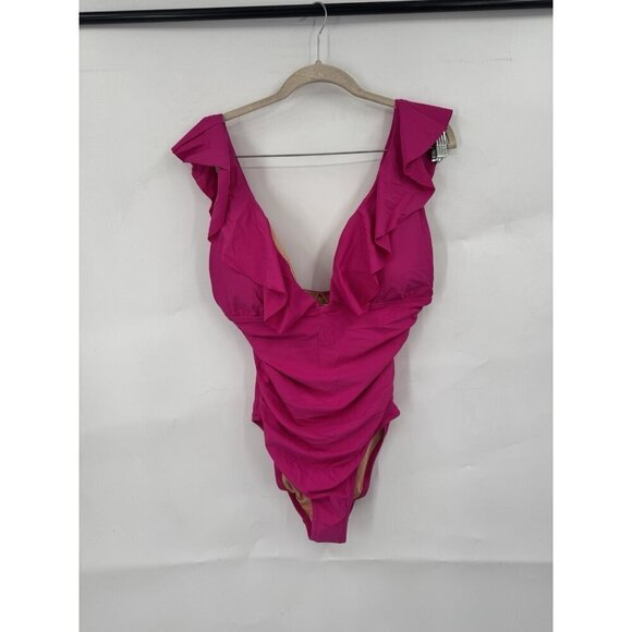 J. Crew Ruched Ruffle One Piece Swimsuit women 12 Pink Fuchsia Beach Pool NEW - Picture 1 of 9